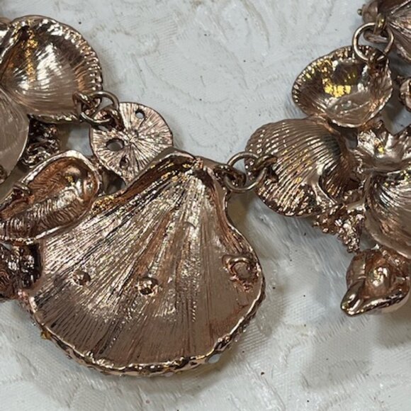 Beach Rose Gold Tone Ocean Shells Starfish Rhinestones Necklace Choker 18" - Picture 10 of 15